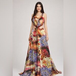 NOX Multicolor Cut-Out Evening Gown Size L Floral Satin Maxi Dress Formal Prom